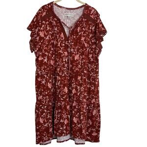 Knox Rose Womens Boho Peasant Dress XXL Rust Floral Tiered Cotton Blend